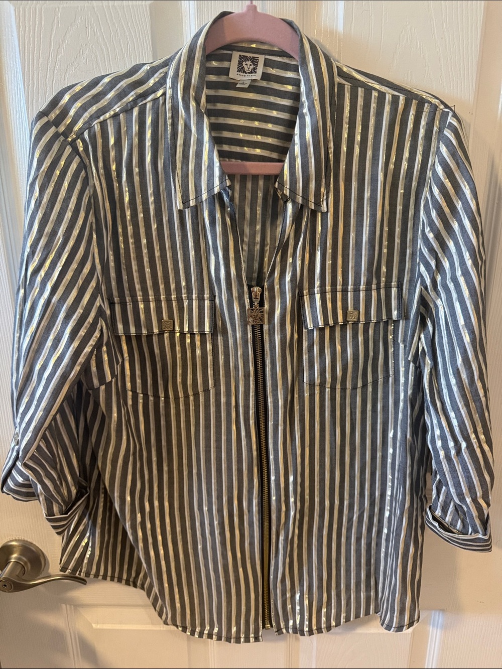 Women’s  Ann Klein -  Metallic Striped Zip-Front Shirt Jacket - Silver & Black